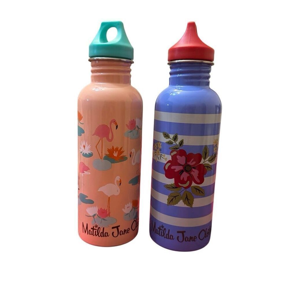 Matilda Jane Metal Water Bottles Set of 2 Peach Flamingo Blue Striped Floral